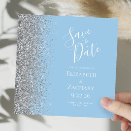 Square Pastel Blue Silver Glitter Bewaar de datum Aankondiging
