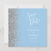 Square Pastel Blue Silver Glitter Bewaar de datum Aankondiging (Voorkant)