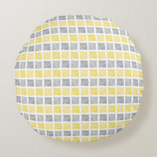 Square Pattern Yellow & Gray Round Pillow Rond Kussen