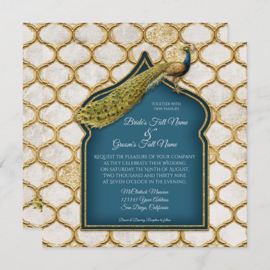 Square  Peacock Arabesque Gold Wedding Kaart (Voorkant / Achterkant)