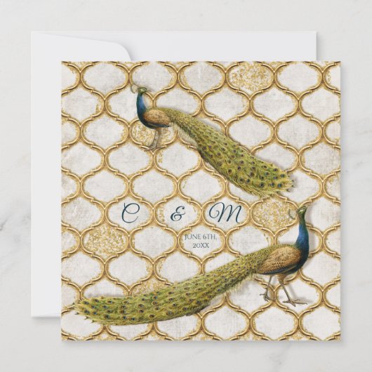 Square Peacock Arabesque Gold Wedding Kaart (Achterkant)