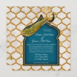 Square  Peacock Arabesque Gold Wedding Kaart<br><div class="desc">Elegant. Verfijnd.  stijl,  maar een modern design. Voortreffelijke illustratie van de pauw met een lijst van de minarettoren en een dimensionaal gouden arabeskpatroon met een glitter uiterlijk. Audrey Jeanne Roberts.</div>