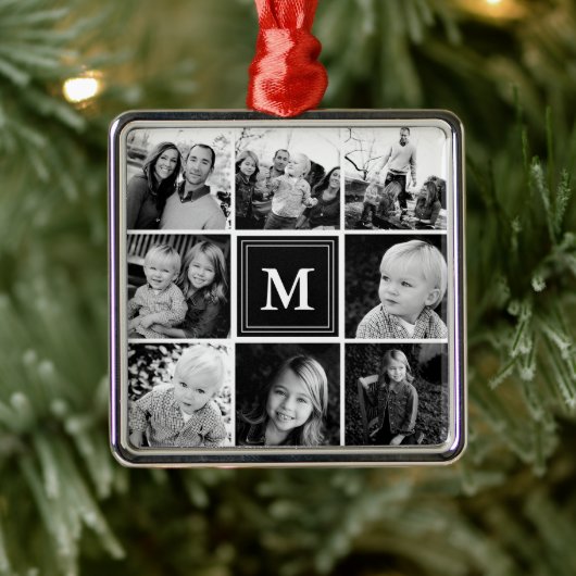 Square Photo Collage Black Monogramed Custom Metalen Ornament (Boom)