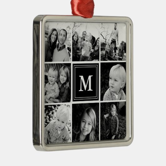 Square Photo Collage Black Monogramed Custom Metalen Ornament (Rechts)