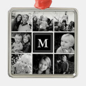 Square Photo Collage Black Monogramed Custom Metalen Ornament (Voorkant)