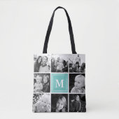 Square Photo Collage Blauwgroen Monogramed Custom Tote Bag (Voorkant)