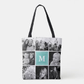 Square Photo Collage Blauwgroen Monogramed Custom Tote Bag (Achterkant)