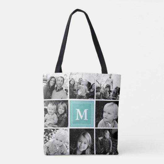 Square Photo Collage Blauwgroen Monogramed Custom Tote Bag (Achterkant)