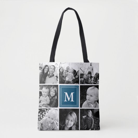 Square Photo Collage Navy Monogrammed Custom Tote Bag (Voorkant)