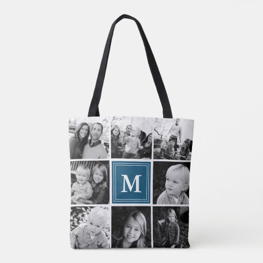 Square Photo Collage Navy Monogrammed Custom Tote Bag (Achterkant)