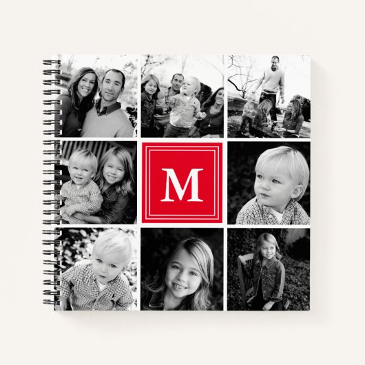 Square Photo Collage Red Monogramed Custom Notitieboek (Voorkant)