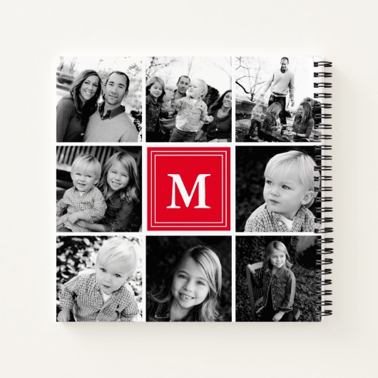 Square Photo Collage Red Monogramed Custom Notitieboek (Achterkant)