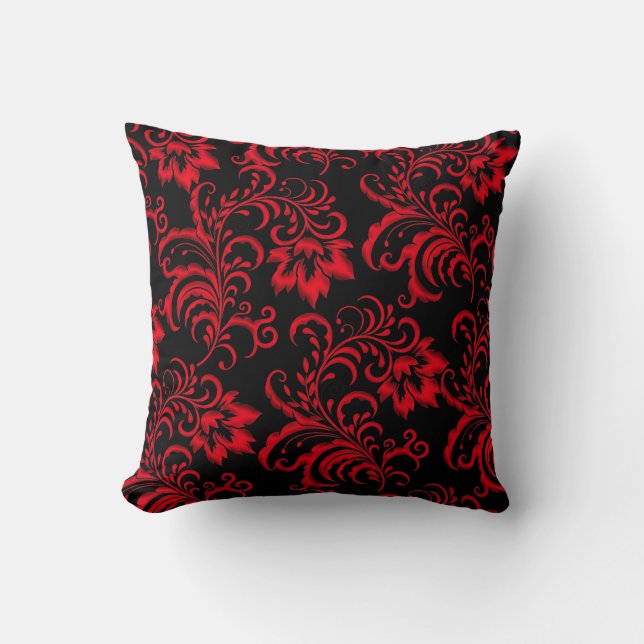 Square Pillow Red Brocade Black Damask Kussen (Voorkant)