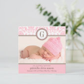Square Pink Damask | Aankondiging van geboorte (Staand voorkant)