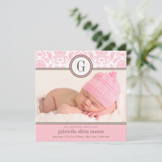 Square Pink Damask | Aankondiging van geboorte (Staand voorkant)