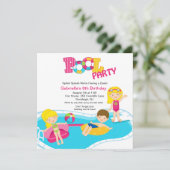 Square Pink Pool Party Girls Birthday Invitation Kaart (Staand voorkant)