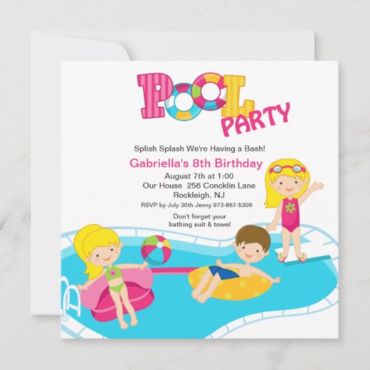 Square Pink Pool Party Girls Birthday Invitation Kaart (Voorkant)