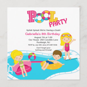 Square Pink Pool Party Girls Birthday Invitation Kaart