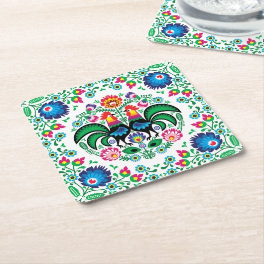 Square Poland Rooster Pattern Kartonnen Onderzetters (Schuin)