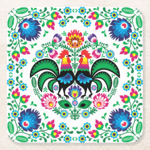 Square Poland Rooster Pattern Kartonnen Onderzetters