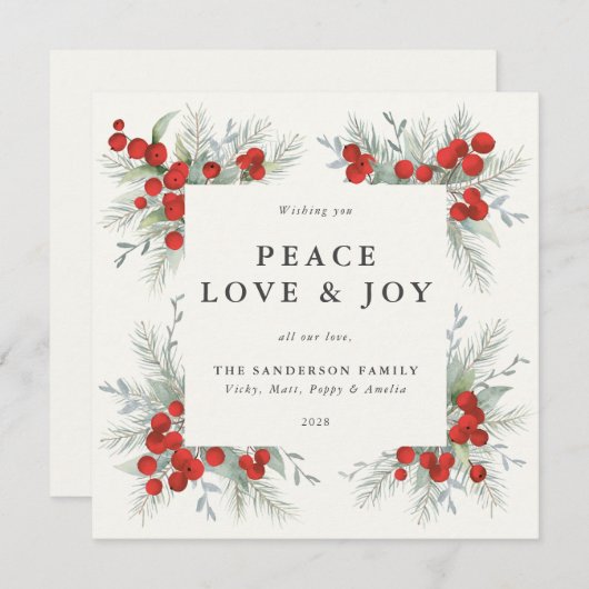 Square Red Berries Border Peace Love + Joy Holiday Feestdagenkaart (Voorkant / Achterkant)