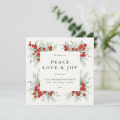Square Red Berries Border Peace Love + Joy Holiday Feestdagenkaart (Staand voorkant)