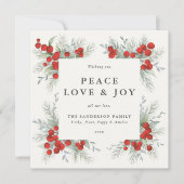 Square Red Berries Border Peace Love + Joy Holiday Feestdagenkaart (Voorkant)