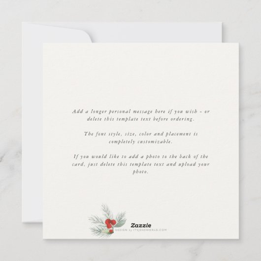 Square Red Berries Border Peace Love + Joy Holiday Feestdagenkaart (Achterkant)