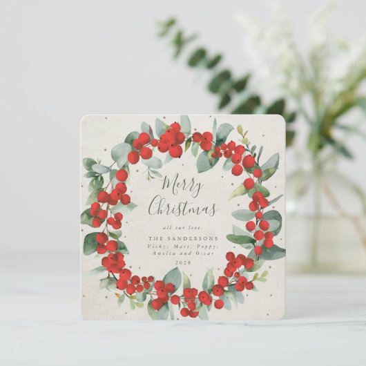 Square Red Berries + Eucalyptuskerstmis Feestdagenkaart (Staand voorkant)