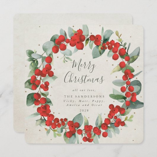 Square Red Berries + Eucalyptuskerstmis Feestdagenkaart (Voorkant / Achterkant)