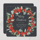 Square Red Berries + Eucalyptuskerstmis Feestdagenkaart (Voorkant / Achterkant)
