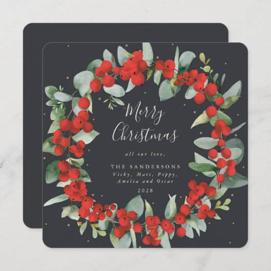 Square Red Berries + Eucalyptuskerstmis Feestdagenkaart (Voorkant / Achterkant)