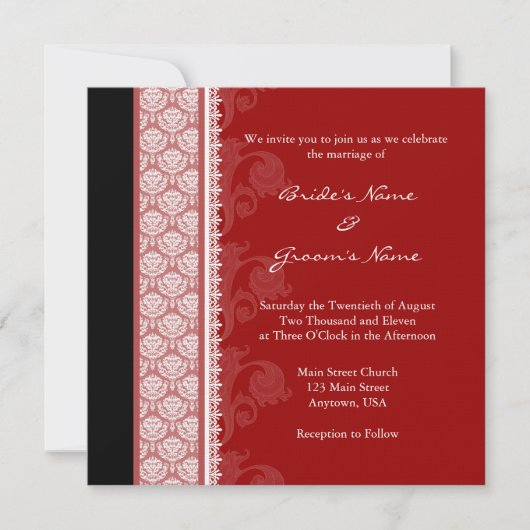 Square Red & Black Damask Wedding Invitations Kaart (Voorkant)