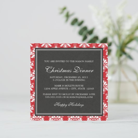 Square Red Damask kerst uitnodiging (Staand voorkant)