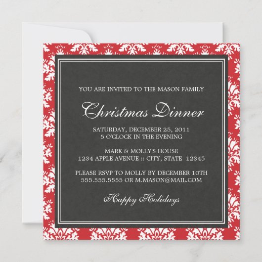 Square Red Damask kerst uitnodiging (Voorkant)