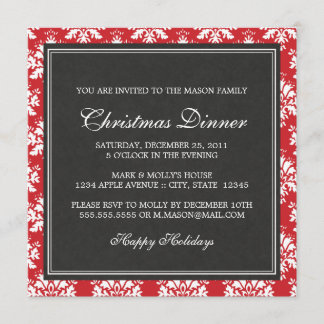 Square Red Damask kerst uitnodiging