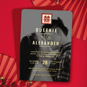 Square Red Double Happiness Foto Chinese bruiloft Folie Uitnodiging