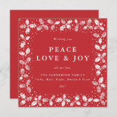 Square Red Hand Printed Holly Peace Love + Joy Feestdagenkaart (Voorkant / Achterkant)