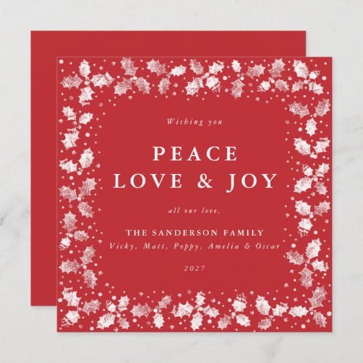 Square Red Hand Printed Holly Peace Love + Joy Feestdagenkaart (Voorkant / Achterkant)