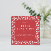 Square Red Hand Printed Holly Peace Love + Joy Feestdagenkaart (Staand voorkant)