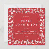 Square Red Hand Printed Holly Peace Love + Joy Feestdagenkaart (Voorkant)