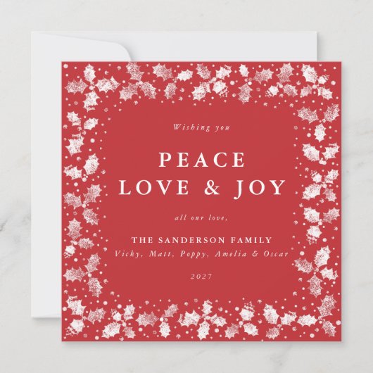 Square Red Hand Printed Holly Peace Love + Joy Feestdagenkaart (Voorkant)