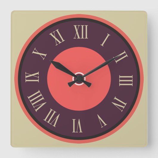 Square Round Paars-Red Roman Numeral Vierkante Klok (Voorkant)