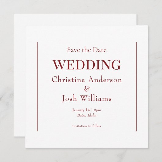 Square Ruby Red Wedding Bewaar de datum Kaart (Voorkant / Achterkant)