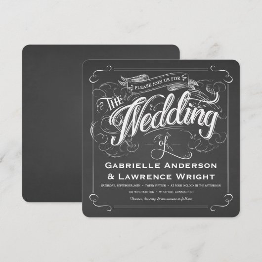 Square Rustic Chalkboard Art Wedding Invitations Kaart (Voorkant / Achterkant)