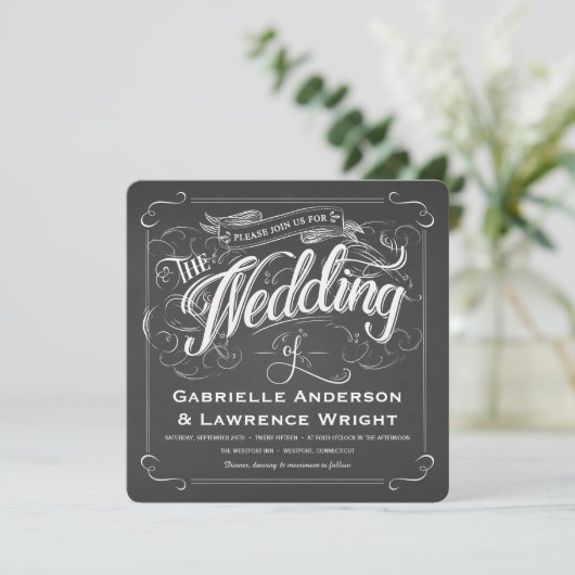 Square Rustic Chalkboard Art Wedding Invitations Kaart (Staand voorkant)