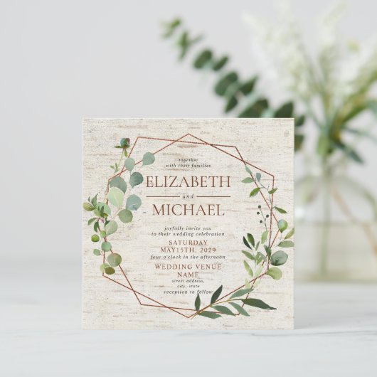 Square Rustic Copper Geometric Eucalyptus Foto Kaart (Staand voorkant)