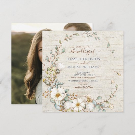 Square Rustic Dusty Blue & Cream Botanical Photo Kaart (Voorkant / Achterkant)