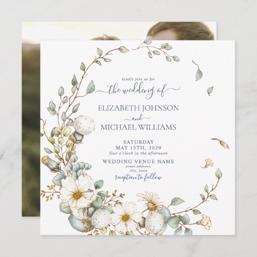 Square Rustic Dusty Blue & Cream Botanical Photo Kaart (Voorkant / Achterkant)