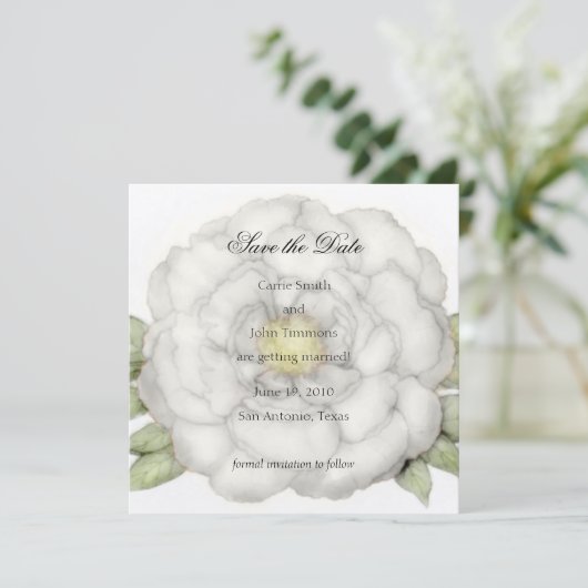 Square Save the Date White Peony (Staand voorkant)
